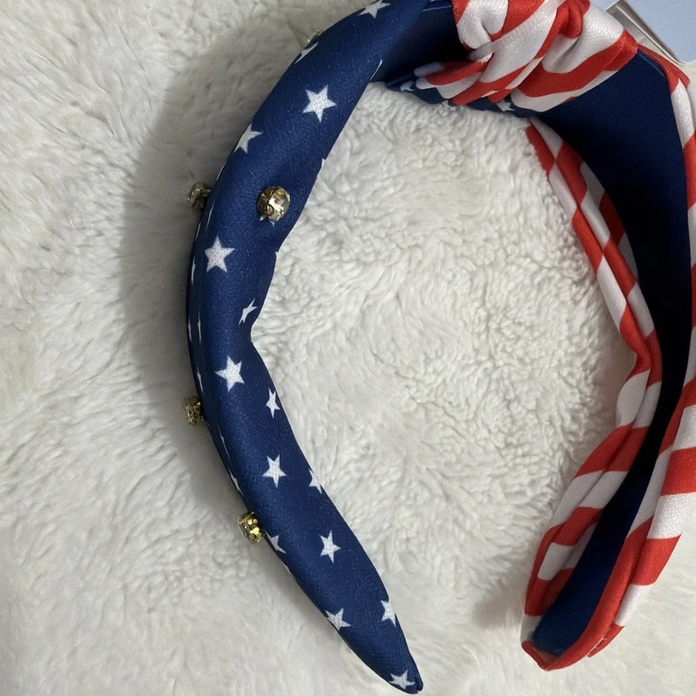 Patriotic American Flag Knot Headband Rhinestone Stars &‎ Stripes Red White Blue